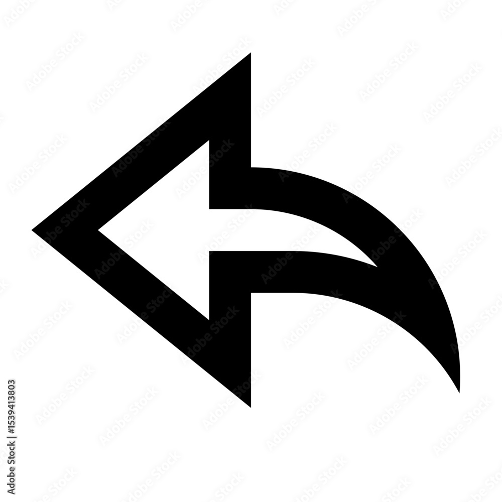 Poster an arrow pointing left with a curved tail indicating a return or reply action in black and white