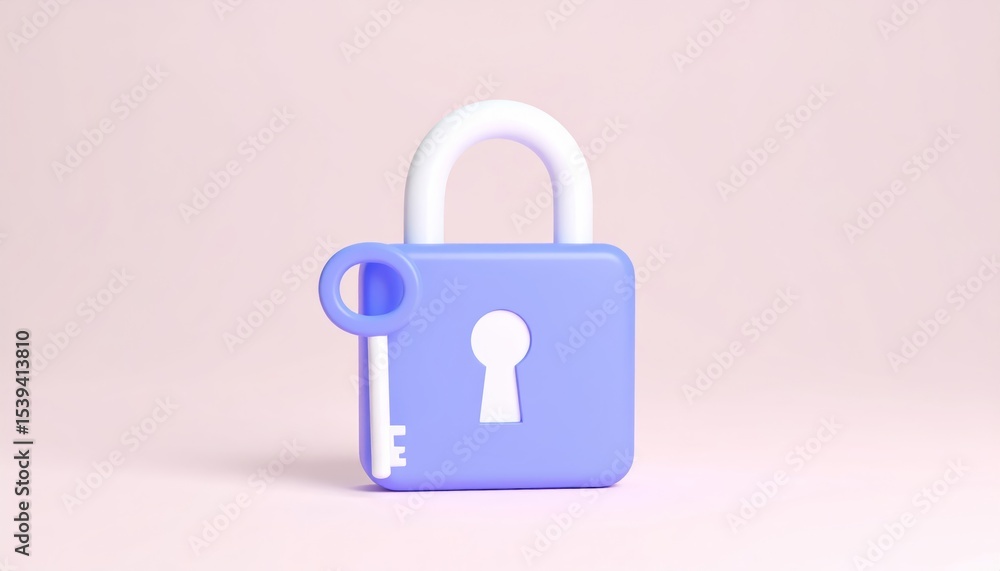 Poster simple 3d illustration of a padlock with key on a soft pastel background representing security and p
