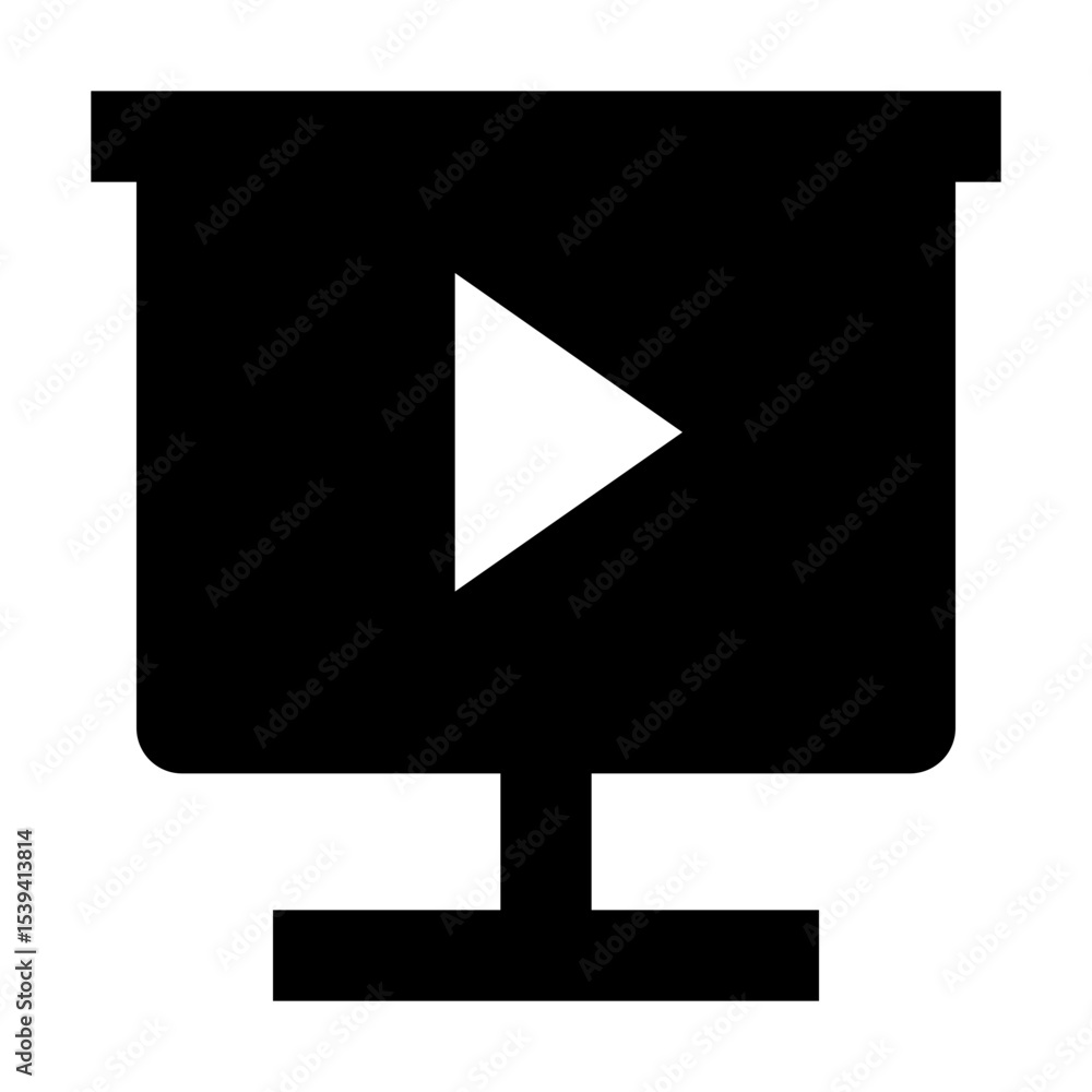 Poster black monitor displaying a white play button icon centered on the screen with a stand below it icon