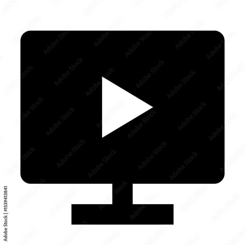 Poster black screen with a white play button on a monitor standing on a black base in a simple vector desig