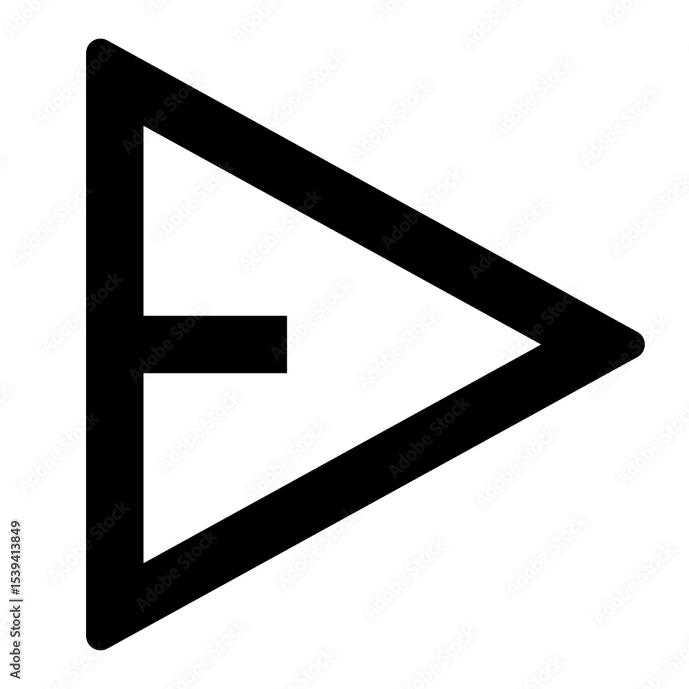 Poster black outline of a stylized letter e pointing right inside of a triangle shape on a white background
