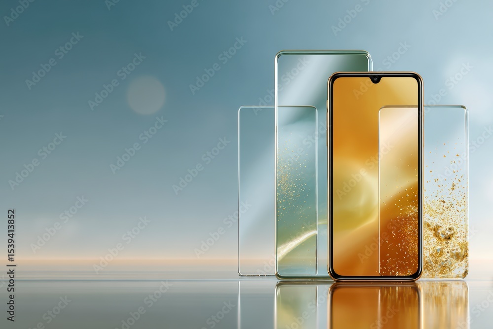 Poster modern smartphone mockup golden ui ux design 3d app interface