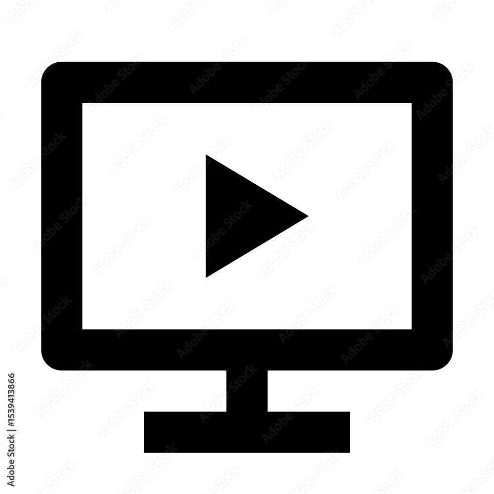 Poster black and white illustration of a computer screen with a play button in the center of the display