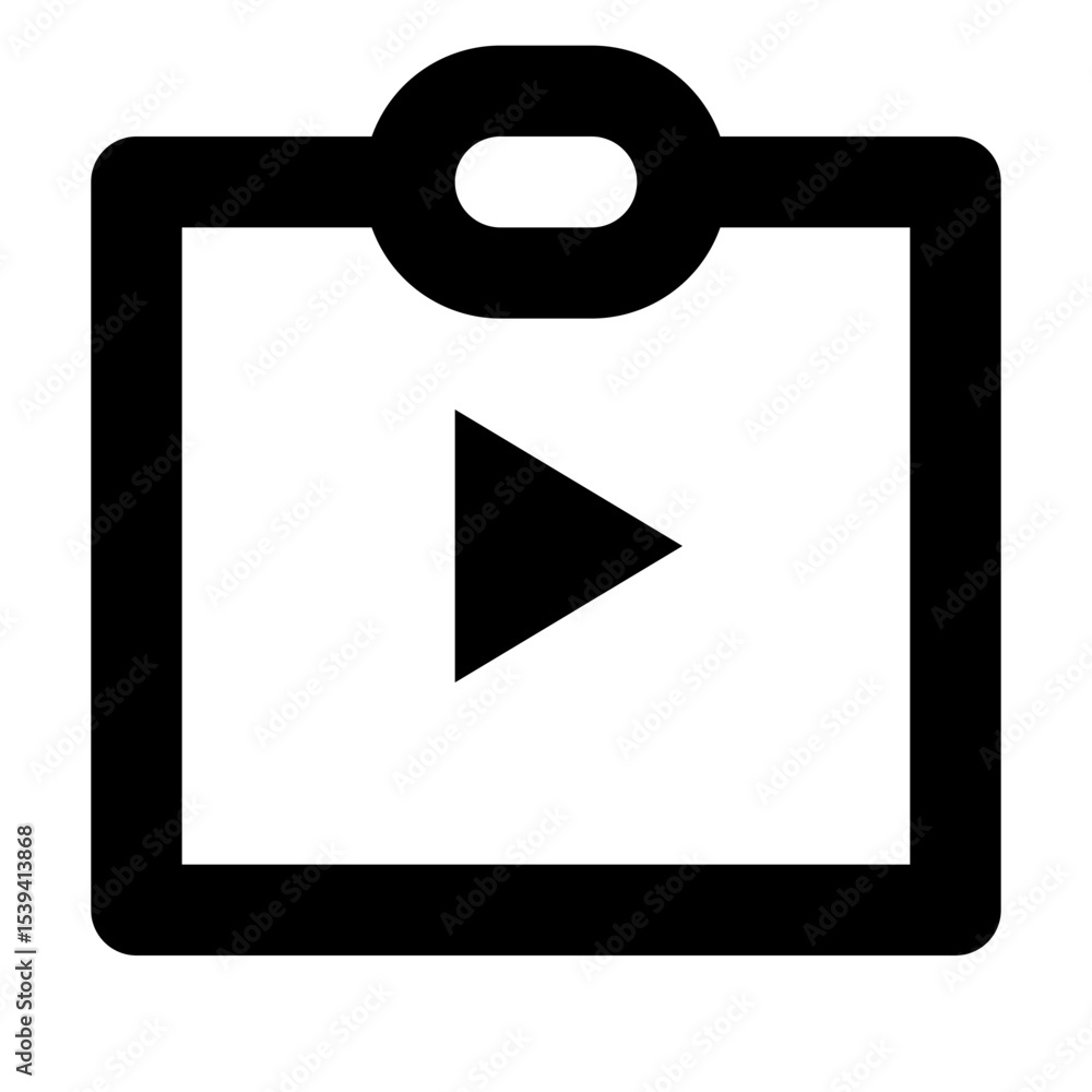 Poster black outline of clipboard with rounded corners and play button in the center of the page
