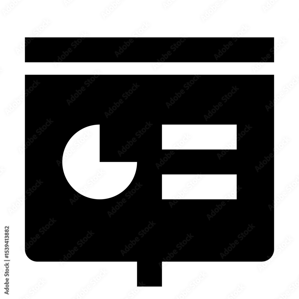 Poster an image of a presentation screen with a pie chart and two horizontal bars in black and white style