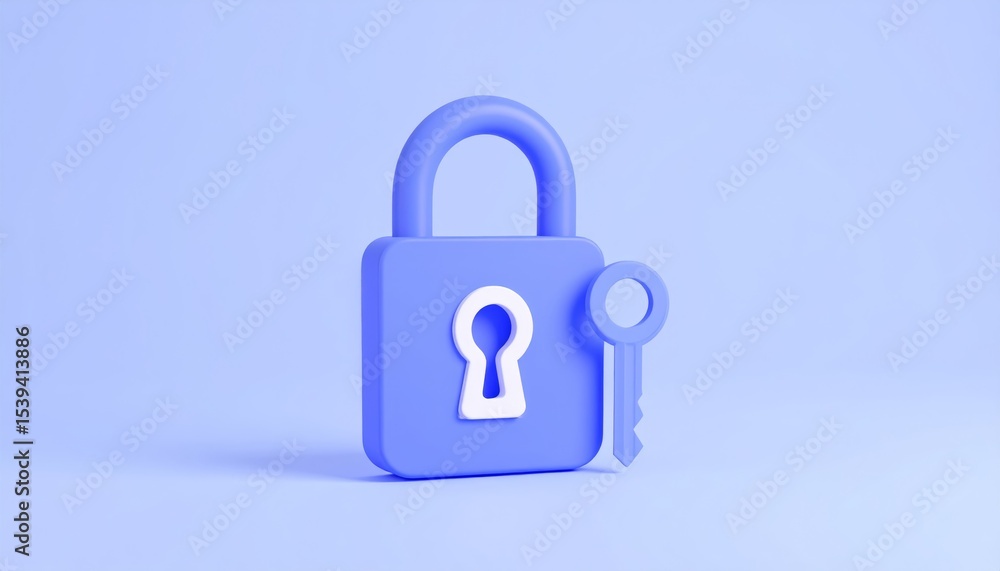 Poster minimalistic 3d illustration of a padlock with key set against a soft pastel background symbolizing 