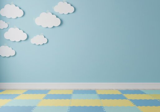 Pastel playroom background with clouds, soft blue wall and checkerboard floor tiles, perfect for kids