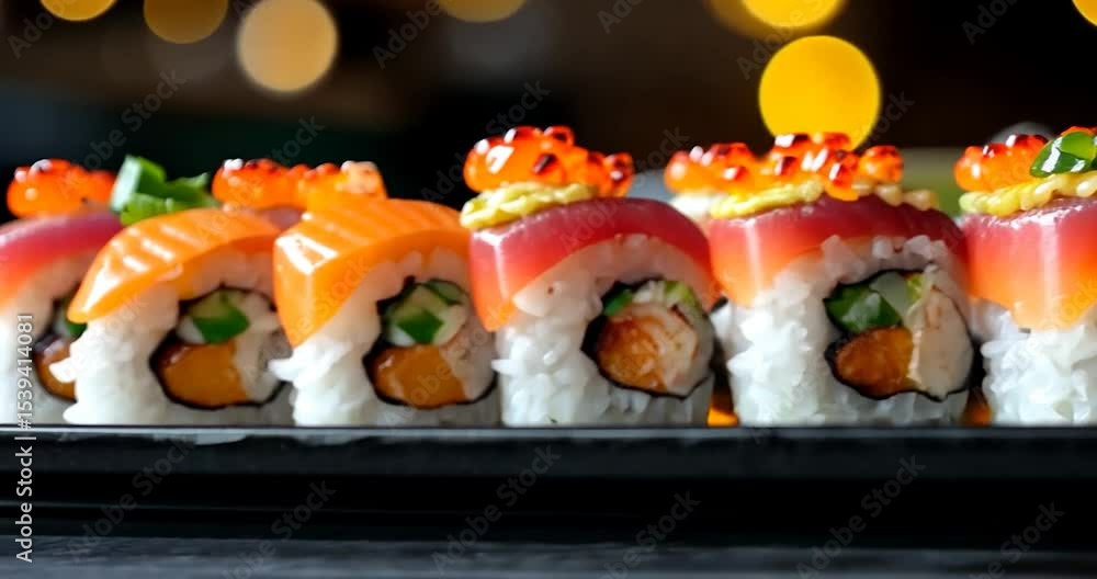 Poster close-up view of colorful sushi rolls arranged on a black rectangular plate. the rolls are topped wi