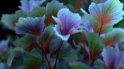 Fototapeta premium Surreal Ginkgo Biloba Leaves Close up Macro Photography of Vibrant Purple and Blue Foliag