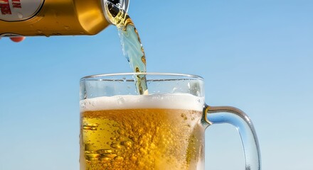 夏空の下　缶ビールをジョッキに注ぐ瞬間