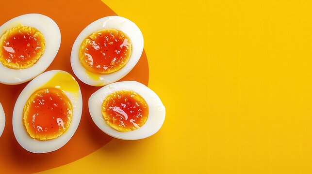 Halved Hard Boiled Eggs with Orange Glaze on Yellow Background