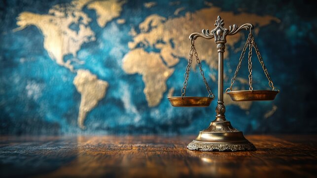 Justice and global equity concept with scales and world map background