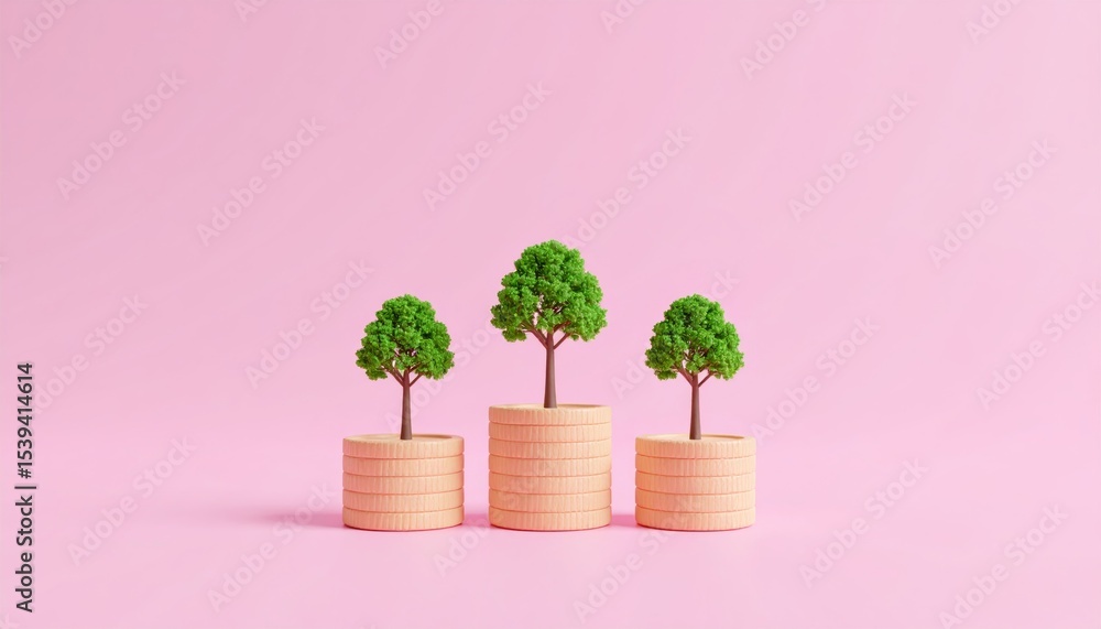 Poster three lush green trees growing out of stacks of shiny coins on a soft pink background symbolizing fi