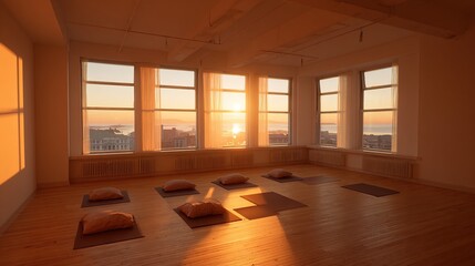 Obraz premium Sunrise illuminates a minimalist yoga studio with hardwood floors, large windows offering a cityscape view, and several mats & cushions arranged for a class