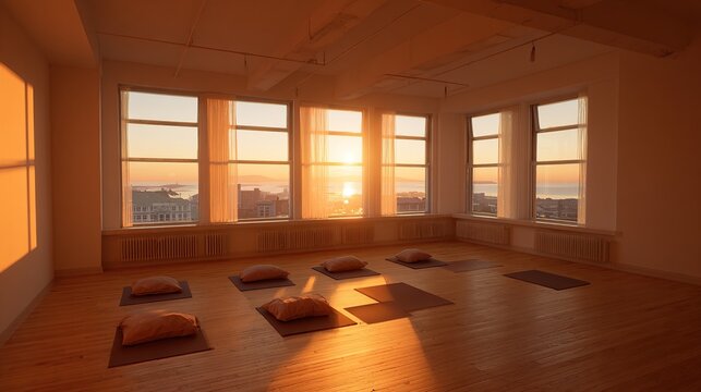 Sunrise illuminates a minimalist yoga studio with hardwood floors, large windows offering a cityscape view, and several mats & cushions arranged for a class