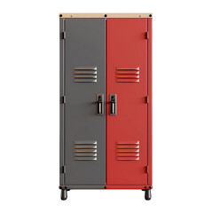 Cartoon red metal school locker with double doors isolated on transparent background
