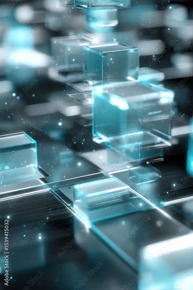 Poster a close up of stacked transparent cubes with a blue glow and small white particles floating around t