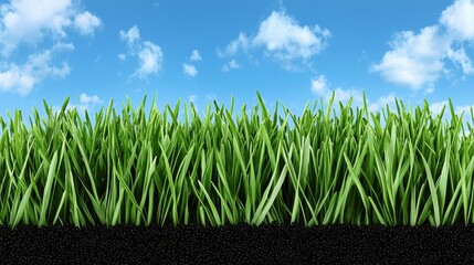Obraz premium Lush Green Grass Growing from Rich Black Soil Under a Fluffy Cloud Blue Sky