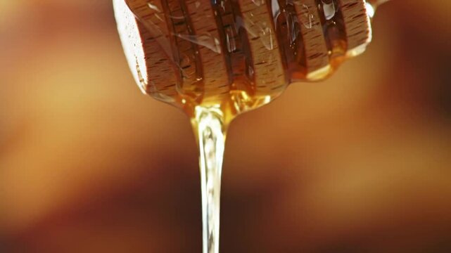 Macro shot of honey slowly dripping from a wooden dipper. Rich amber color.