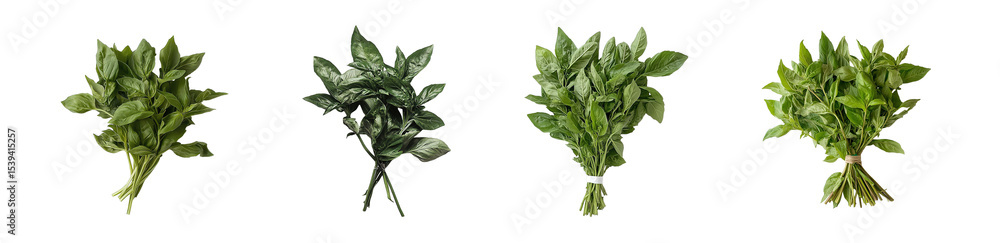 Poster set of bunches of fresh basil displayed isolated on transparent background