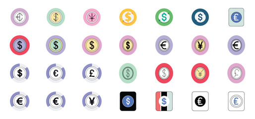 Collection of colorful circle icons representing international currency symbols such as dollar, euro, yen, and british pound.