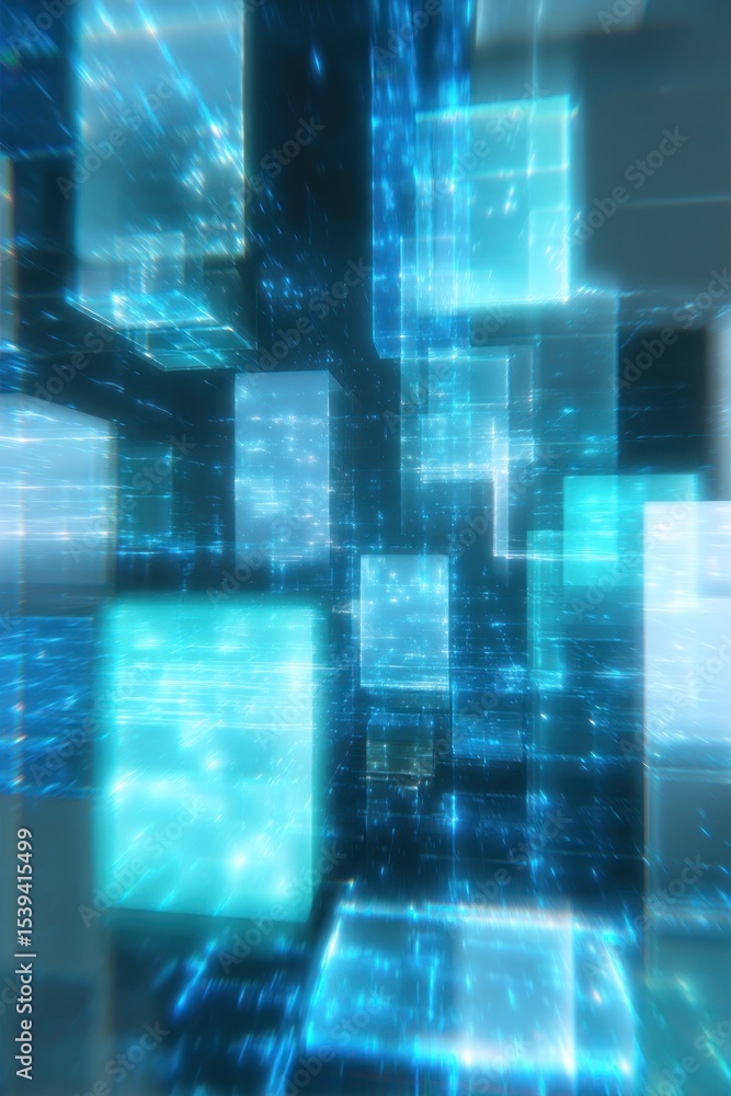 Poster a blurred abstract background with glowing blue cubes floating in a dark space with light streaks