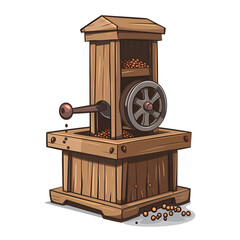 Old fashioned wooden grain grinder with rotating wheel and barrel isolated on transparent background
