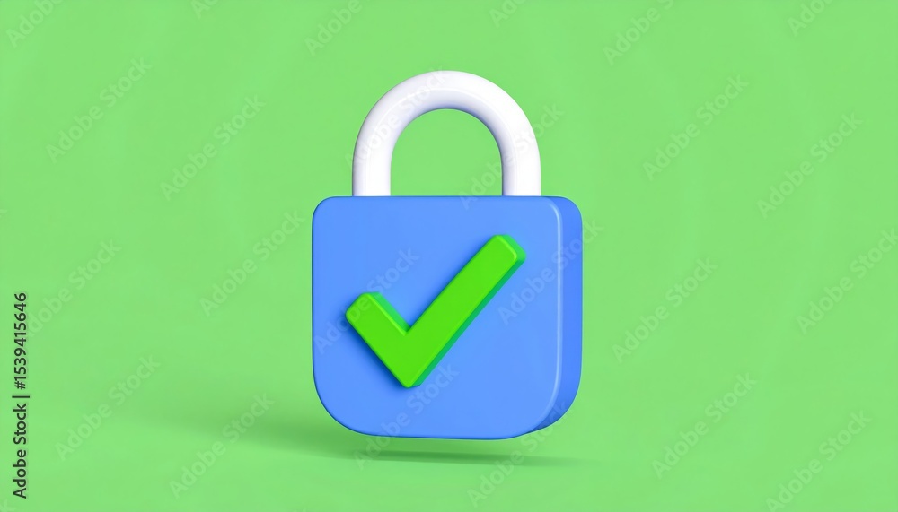 Poster simple 3d render illustration of a padlock with a green tick mark on a bright green background for s