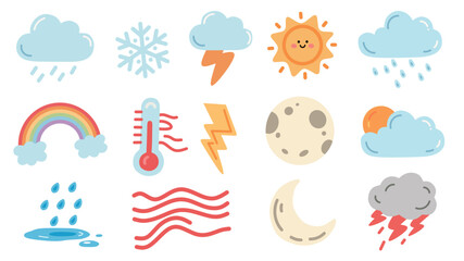 Playful hand-drawn weather icon set in doodle style. Ideal for educational materials, forecast graphics, and seasonal&nbsp;decoration.