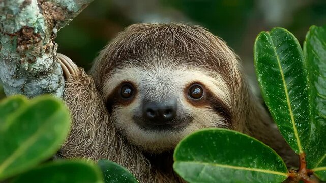 A baby sloth in the rainforest canopy, framed by natural greenery, captured with intricate details and warm tones.