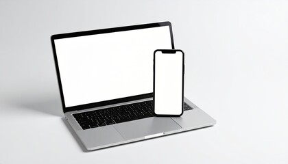 Realistic mockup of a laptop and smartphone on a clean white background for technology and communication themes