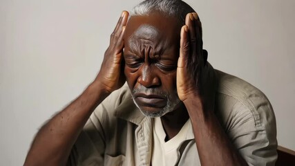 An elderly African American man holds his head in despair or severe stress