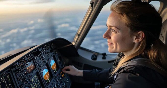 Female pilot in cockpit, viewed from the side, looking out at a sunset over clouds. Warm lighting, dark interior
