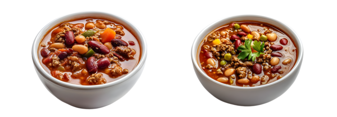 Two bowls of hearty chili featuring beans, meat, and vegetables. isolated on transparent background