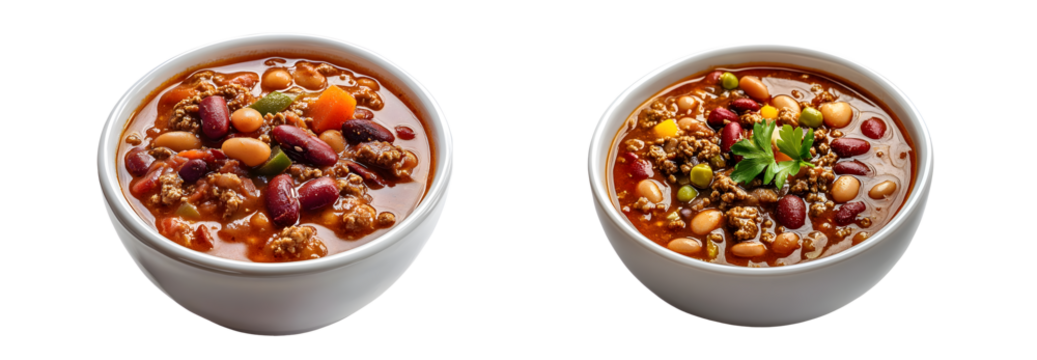Two bowls of hearty chili featuring beans, meat, and vegetables. isolated on transparent background - Powered by Adobe