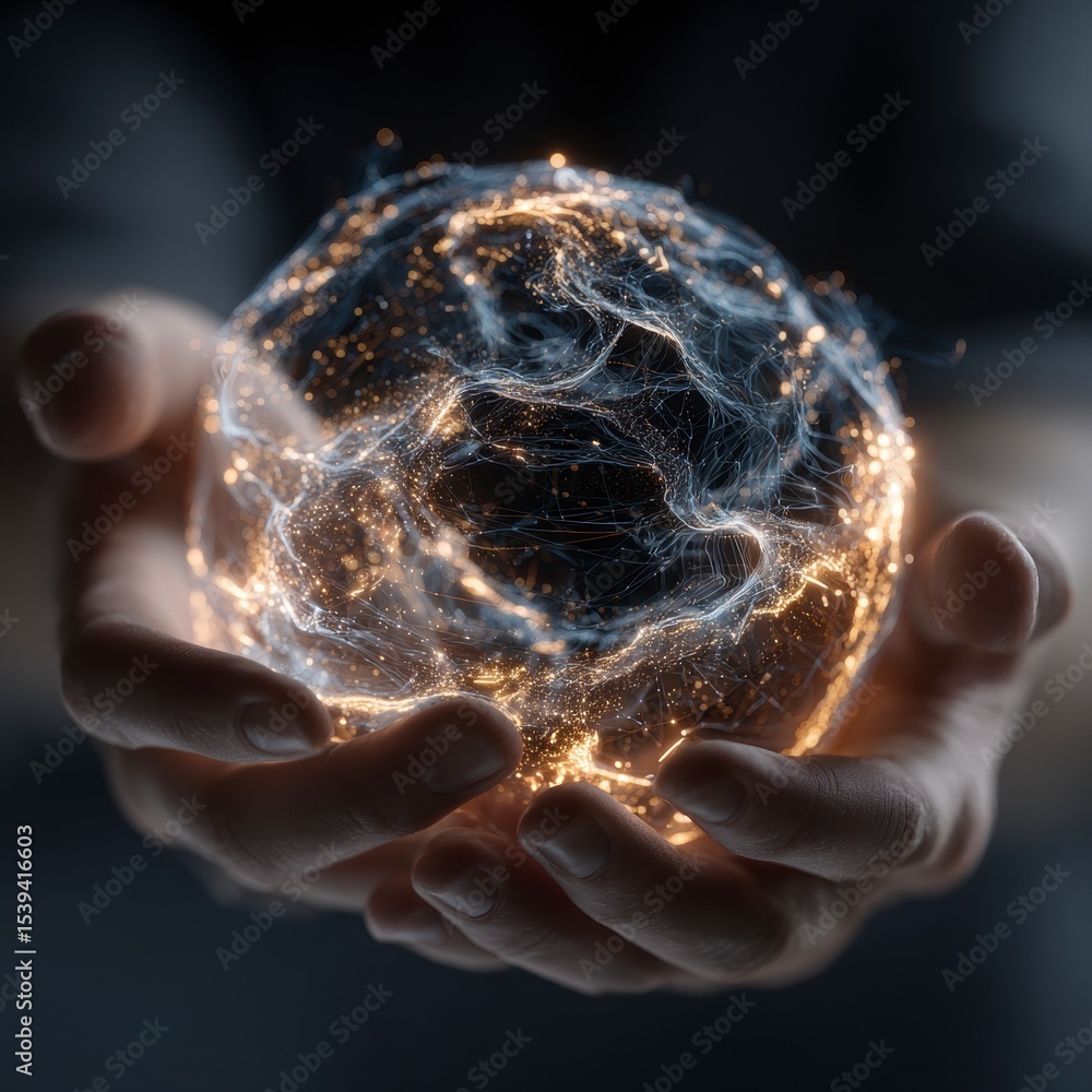 Poster global network illuminated sphere held in hands connection concept