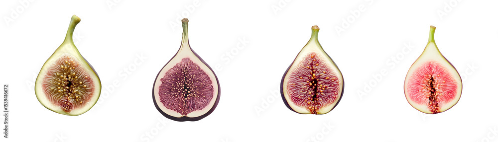 Poster close-up view of four sliced figs. isolated on transparent background