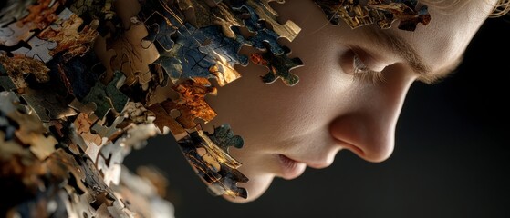 Mental Health Awareness  Woman s Face with Puzzle Pieces  Mind  Brain  Bipolar Disorder  A