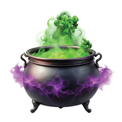 Cauldron with Purple Smoke: realistic PNG of black iron cauldron bubbling over with green brew and purple smoke, Halloween witch theme, transparent background