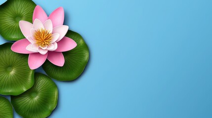 Pink Water Lily Blossom and Green Lily Pads on Light Blue Background