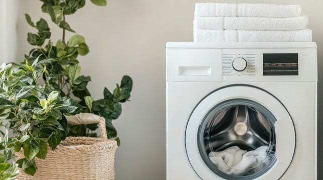 White washing machine and towels, beside a plant in a basket