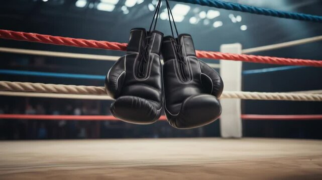 Pair of black boxing gloves hanging from ropes in a boxing ring dramatic sports photography