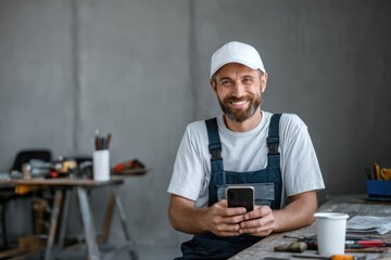 Smiling worker with phone in workshop