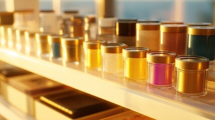 A sunlit shelf displays numerous small, cylindrical containers with gold lids, filled with various colorful, sparkly substances, suggesting cosmetics or craft 