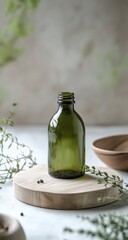 Green glass bottle on wooden platter, natural light