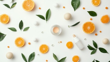 Fresh citrus and skincare ingredients arranged on a white background