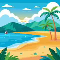 Serene Beach Sunset, Tropical Landscape, Tranquil Waters, Illustrative Art, Calm Environment, Panoramic View, Relaxation Concept
