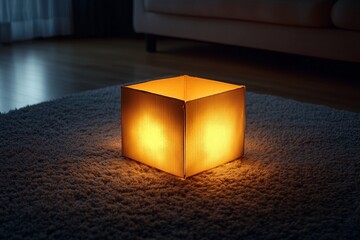 Illuminated cardboard box on soft carpet