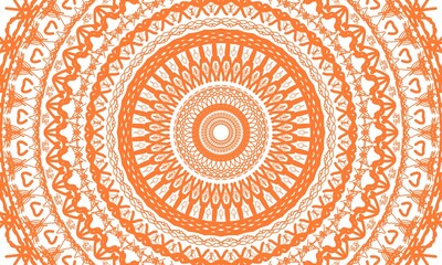 abstract seamless pattern, This image features a detailed and symmetrical geometric mandala pattern in a vivid orange color. The design radiates outward from the center in multiple concentric circles,