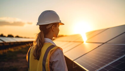 Engineer sunset solar farm inspection.